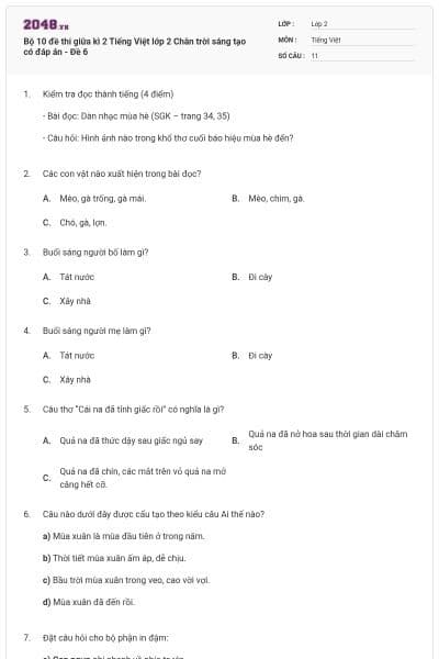 Bộ 10 đề thi giữa kì 2 Tiếng Việt lớp 2 Chân trời sáng tạo có đáp án - Đề 6