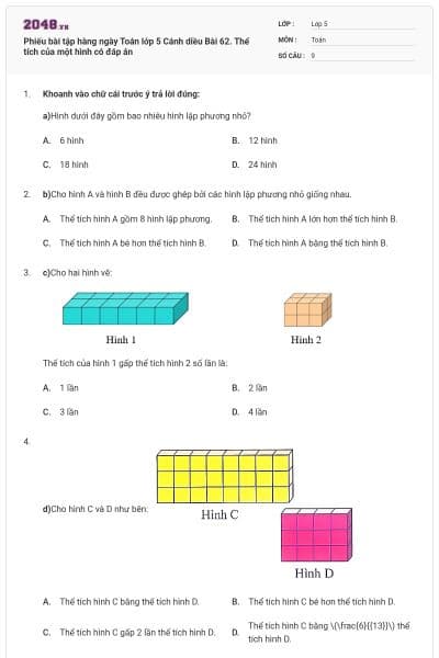 Phiếu bài tập hàng ngày Toán lớp 5 Cánh diều Bài 62. Thể tích của một hình có đáp án