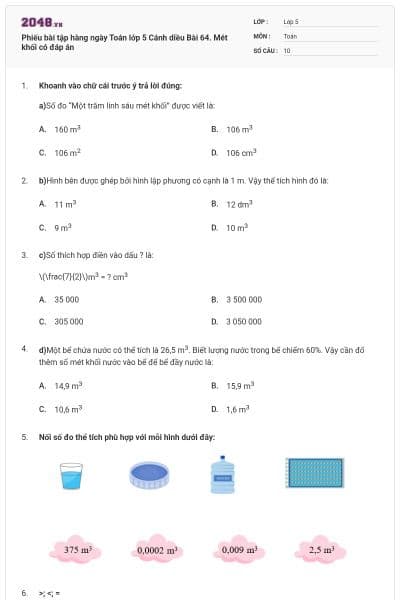 Phiếu bài tập hàng ngày Toán lớp 5 Cánh diều Bài 64. Mét khối có đáp án