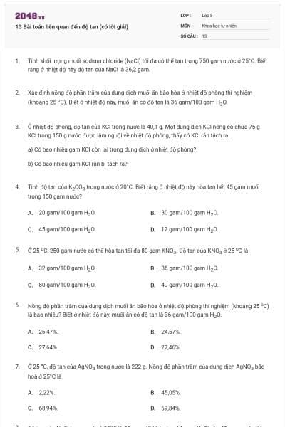 13 Bài toán liên quan đến độ tan (có lời giải)