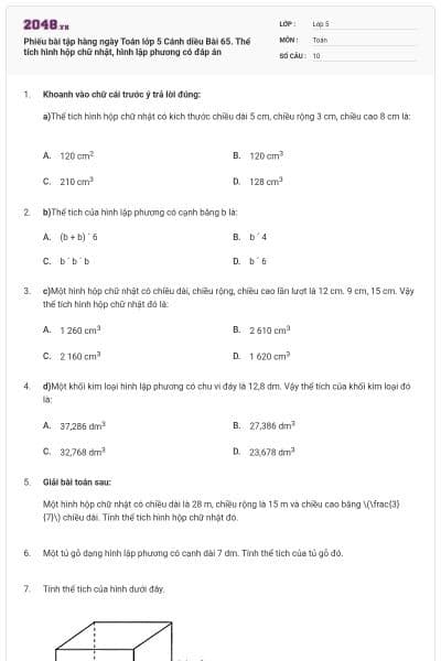 Phiếu bài tập hàng ngày Toán lớp 5 Cánh diều Bài 65. Thể tích hình hộp chữ nhật, hình lập phương có đáp án