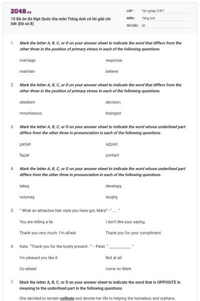 15 Đề ôn thi thpt Quốc Gia môn Tiếng Anh có lời giải chi tiết (Đề số 8)