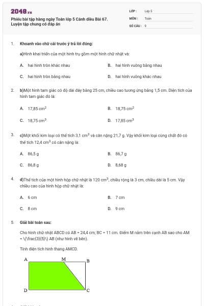 Phiếu bài tập hàng ngày Toán lớp 5 Cánh diều Bài 67. Luyện tập chung có đáp án