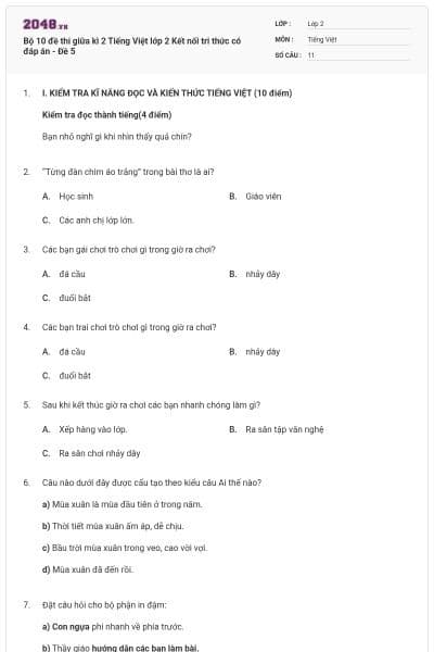 Bộ 10 đề thi giữa kì 2 Tiếng Việt lớp 2 Kết nối tri thức có đáp án - Đề 5