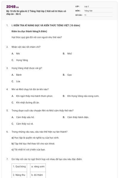 Bộ 10 đề thi giữa kì 2 Tiếng Việt lớp 2 Kết nối tri thức có đáp án - Đề 6