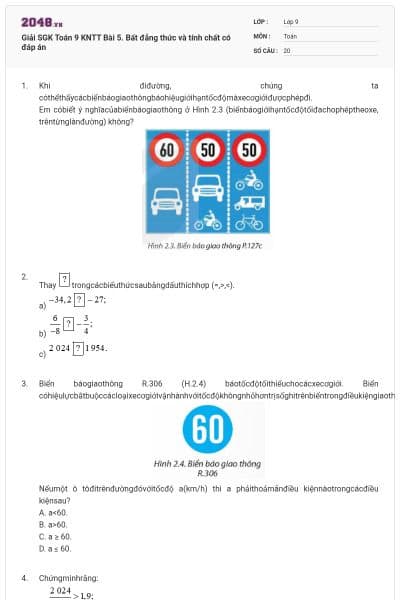 Giải SGK Toán 9 KNTT Bài 5. Bất đẳng thức và tính chất có đáp án