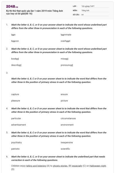 Kỳ thi thử thpt quốc gia lần 1 năm 2019 môn Tiếng Anh cực hay có lời giải(Đề 16)