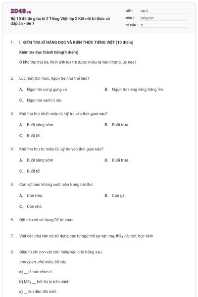 Bộ 10 đề thi giữa kì 2 Tiếng Việt lớp 2 Kết nối tri thức có đáp án - Đề 7