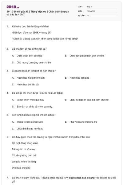 Bộ 10 đề thi giữa kì 2 Tiếng Việt lớp 2 Chân trời sáng tạo có đáp án - Đề 7
