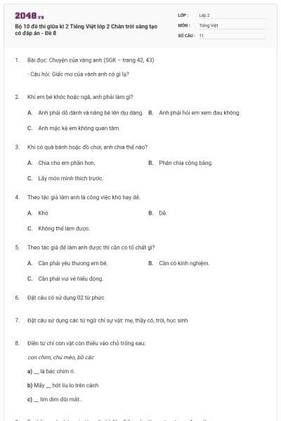 Bộ 10 đề thi giữa kì 2 Tiếng Việt lớp 2 Chân trời sáng tạo có đáp án - Đề 8