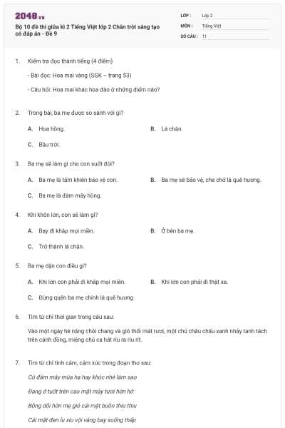 Bộ 10 đề thi giữa kì 2 Tiếng Việt lớp 2 Chân trời sáng tạo có đáp án - Đề 9