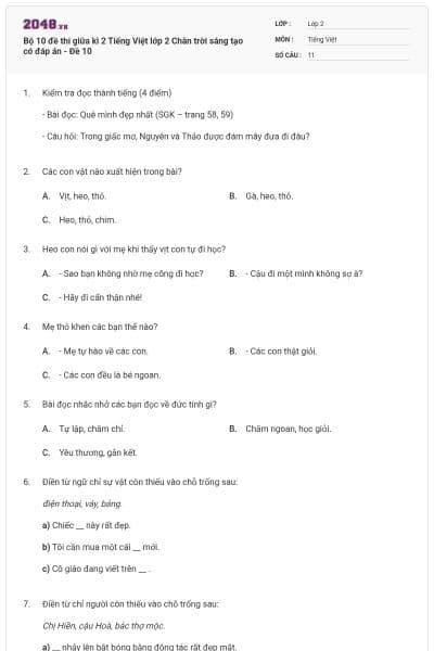Bộ 10 đề thi giữa kì 2 Tiếng Việt lớp 2 Chân trời sáng tạo có đáp án - Đề 10