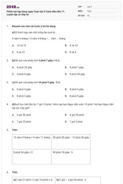 Phiếu bài tập hàng ngày Toán lớp 5 Cánh diều Bài 71. Luyện tập có đáp án