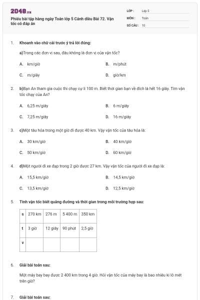 Phiếu bài tập hàng ngày Toán lớp 5 Cánh diều Bài 72. Vận tốc có đáp án