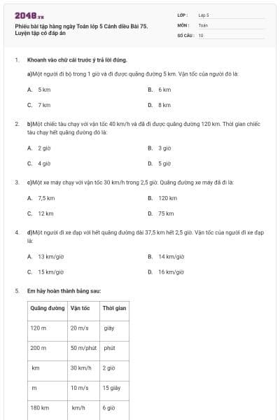 Phiếu bài tập hàng ngày Toán lớp 5 Cánh diều Bài 75. Luyện tập có đáp án