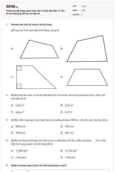 Phiếu bài tập hàng ngày Toán lớp 5 Cánh diều Bài 77. Em ôn lại những gì đã học có đáp án