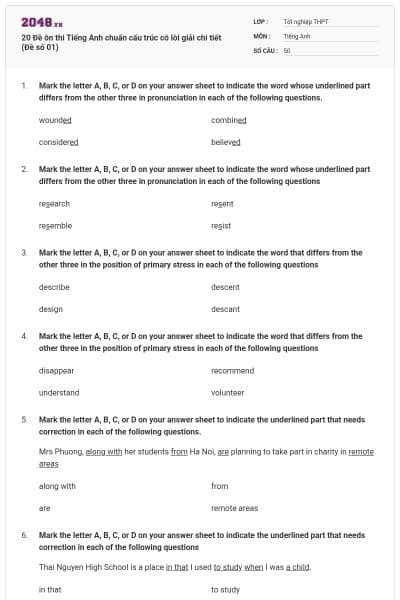 20 Đề ôn thi Tiếng Anh chuẩn cấu trúc có lời giải chi tiết (Đề số 01)