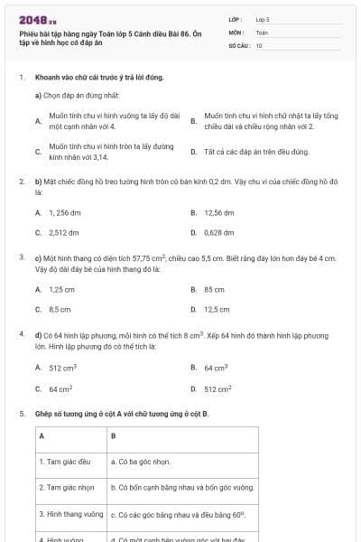 Phiếu bài tập hàng ngày Toán lớp 5 Cánh diều Bài 86. Ôn tập về hình học có đáp án