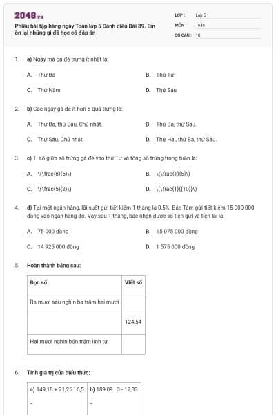 Phiếu bài tập hàng ngày Toán lớp 5 Cánh diều Bài 89. Em ôn lại những gì đã học có đáp án