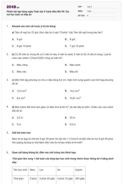 Phiếu bài tập hàng ngày Toán lớp 5 Cánh diều Bài 90. Em vui học toán có đáp án