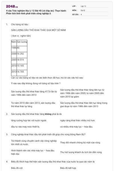 4 câu Trắc nghiệm Địa Lí 12 Bài 40 (có đáp án): Thực hành: Phân tích tình hình phát triển công nghiệp ở