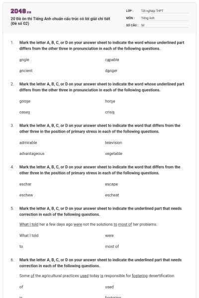 20 Đề ôn thi Tiếng Anh chuẩn cấu trúc có lời giải chi tiết (Đề số 02)