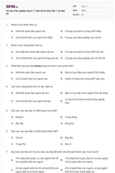 39 câu Trắc nghiệm Địa lí 11 Kết nối tri thức Bài 1 có đáp án