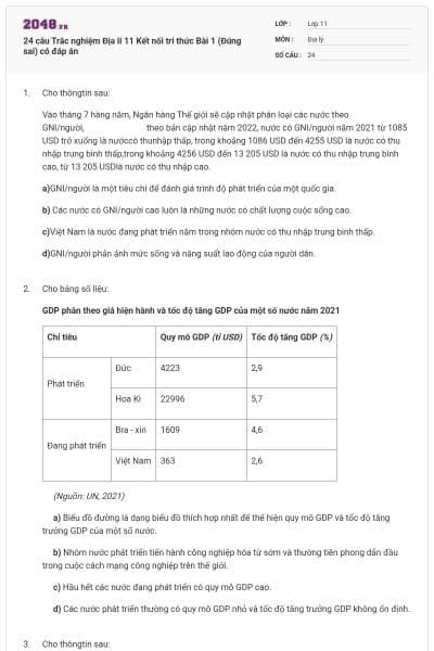 24 câu Trắc nghiệm Địa lí 11 Kết nối tri thức Bài 1 (Đúng sai) có đáp án