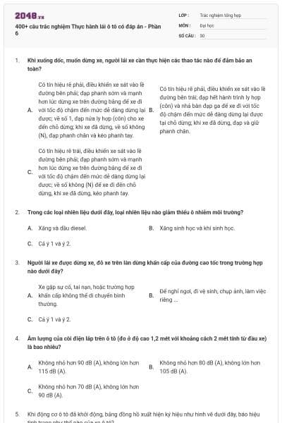 400+ câu trắc nghiệm Thực hành lái ô tô có đáp án - Phần 6