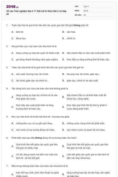 45 câu Trắc nghiệm Địa lí 11 Kết nối tri thức Bài 2 có đáp án