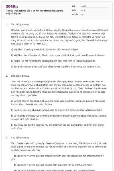 12 câu Trắc nghiệm Địa lí 11 Kết nối tri thức Bài 2 (Đúng sai) có đáp án