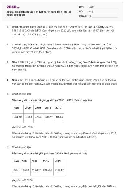 10 câu Trắc nghiệm Địa lí 11 Kết nối tri thức Bài 4 (Trả lời ngắn) có đáp án