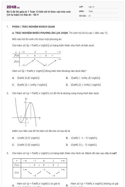 Bộ 5 đề thi giữa kì 1 Toán 12 Kết nối tri thức cấu trúc mới (có tự luận) có đáp án - Đề 4