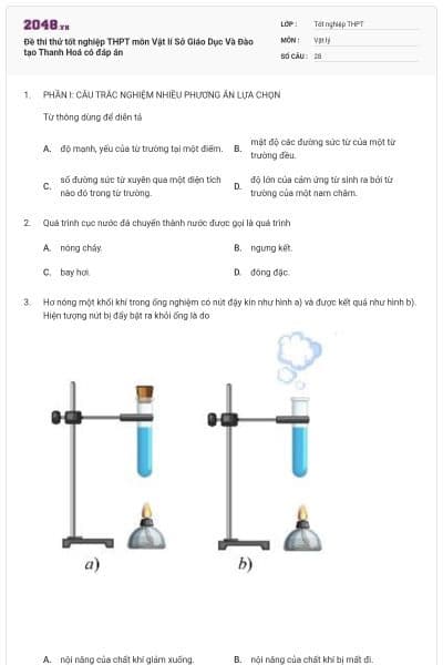 Đề thi thử tốt nghiệp THPT môn Vật lí Sở Giáo Dục Và Đào tạo Thanh Hoá có đáp án