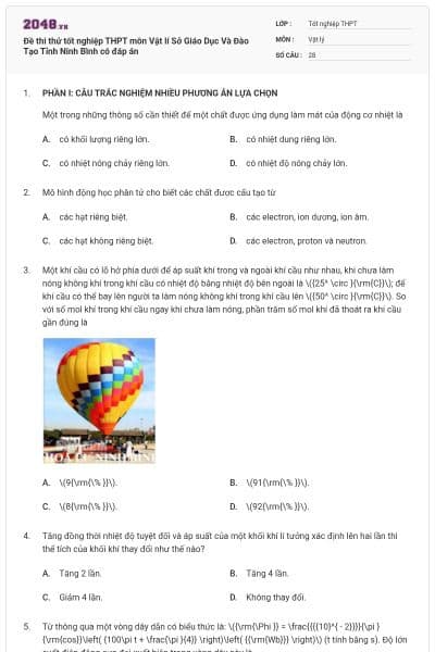 Đề thi thử tốt nghiệp THPT môn Vật lí Sở Giáo Dục Và Đào Tạo Tỉnh Ninh Bình có đáp án