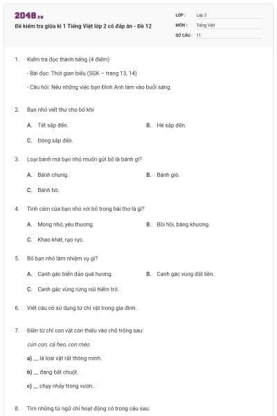 Đề kiểm tra giữa kì 1 Tiếng Việt lớp 2 có đáp án - Đề 12