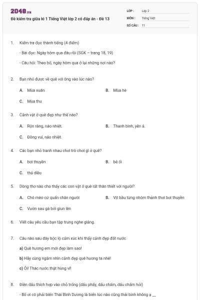 Đề kiểm tra giữa kì 1 Tiếng Việt lớp 2 có đáp án - Đề 13