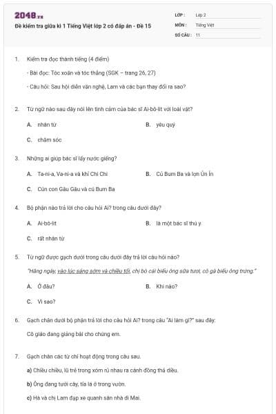 Đề kiểm tra giữa kì 1 Tiếng Việt lớp 2 có đáp án - Đề 15