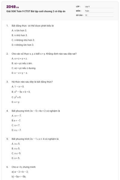 Giải SGK Toán 9 CTST Bài tập cuối chương 2 có đáp án