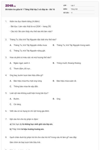 Đề kiểm tra giữa kì 1 Tiếng Việt lớp 2 có đáp án - Đề 16