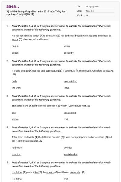 Kỳ thi thử thpt quốc gia lần 1 năm 2019 môn Tiếng Anh cực hay có lời giải(Đề 17)