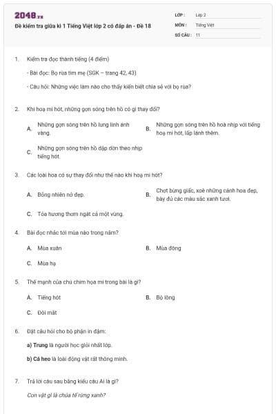 Đề kiểm tra giữa kì 1 Tiếng Việt lớp 2 có đáp án - Đề 18