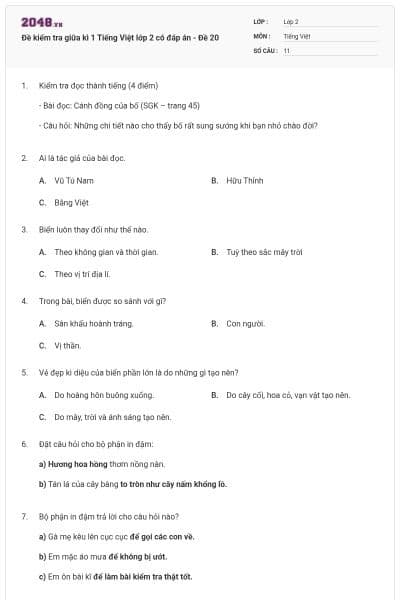Đề kiểm tra giữa kì 1 Tiếng Việt lớp 2 có đáp án - Đề 20