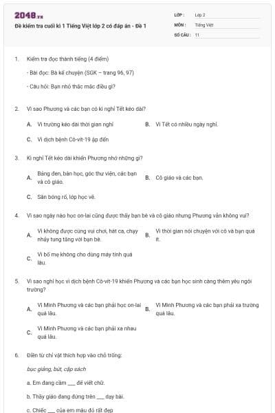 Đề kiểm tra cuối kì 1 Tiếng Việt lớp 2 có đáp án - Đề 1