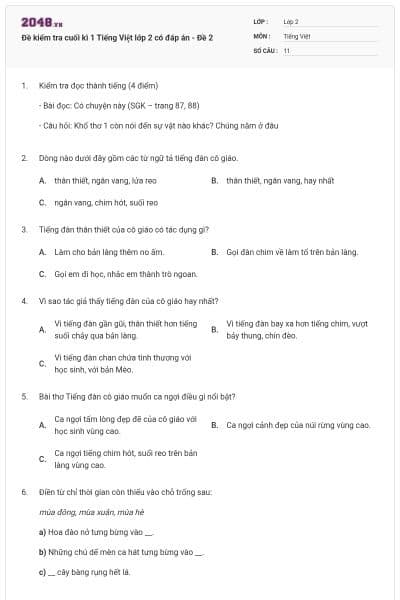 Đề kiểm tra cuối kì 1 Tiếng Việt lớp 2 có đáp án - Đề 2