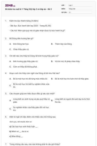 Đề kiểm tra cuối kì 1 Tiếng Việt lớp 2 có đáp án - Đề 3