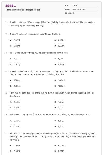 12 Bài tập về nồng độ mol (có lời giải)