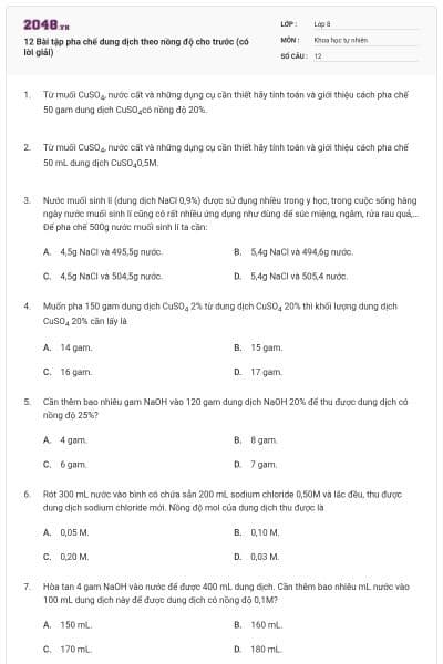 12 Bài tập pha chế dung dịch theo nồng độ cho trước (có lời giải)