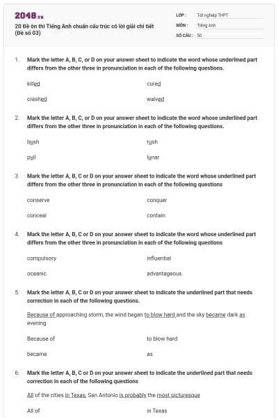 20 Đề ôn thi Tiếng Anh chuẩn cấu trúc có lời giải chi tiết (Đề số 03)
