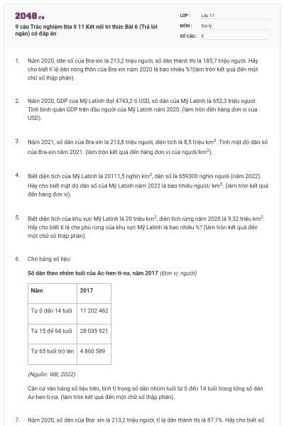 9 câu Trắc nghiệm Địa lí 11 Kết nối tri thức Bài 6 (Trả lời ngắn) có đáp án